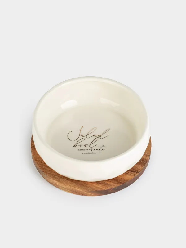 Салат ыдысы, 18х6 см, 890 мл, стендте, керамика/ағаш, сүт түстес, Мыжылған әсер, Crumple kitchen, image-1