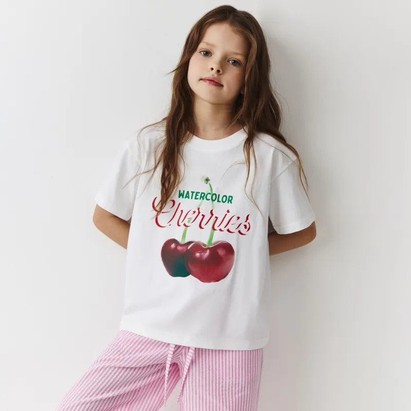 Балалар футболкасы, үйге арналған, өлшемі 104 см, қыздарға арналған, мақта/эластан, Шиелер, сүт түстес, Kimila