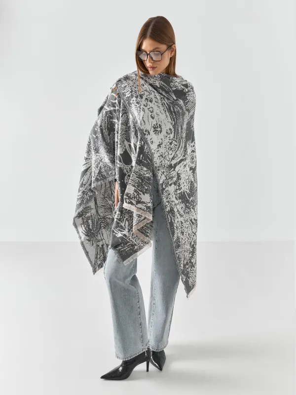 Пончо, 125х160 см, жиектері бар, екі жақты, полиэстер, сүт түстес сұр, Графикалық бақ, Poncho, image-5