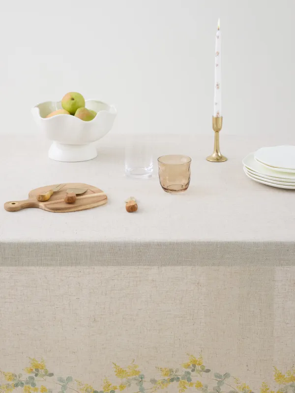 Скатерть, 160х160 см, полиэстер/лен, бежевая, Мимоза, Mimosa flowers, image-1