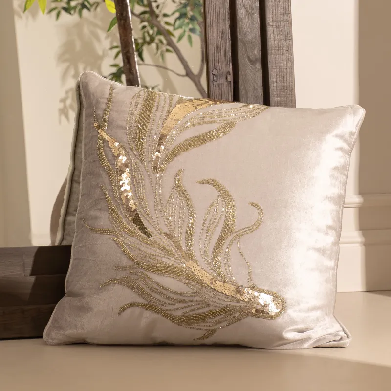 Сәндік жастық, 50х50 см, барқыт/моншақ, сарғылт-қоңыр, Балық, Goldfish