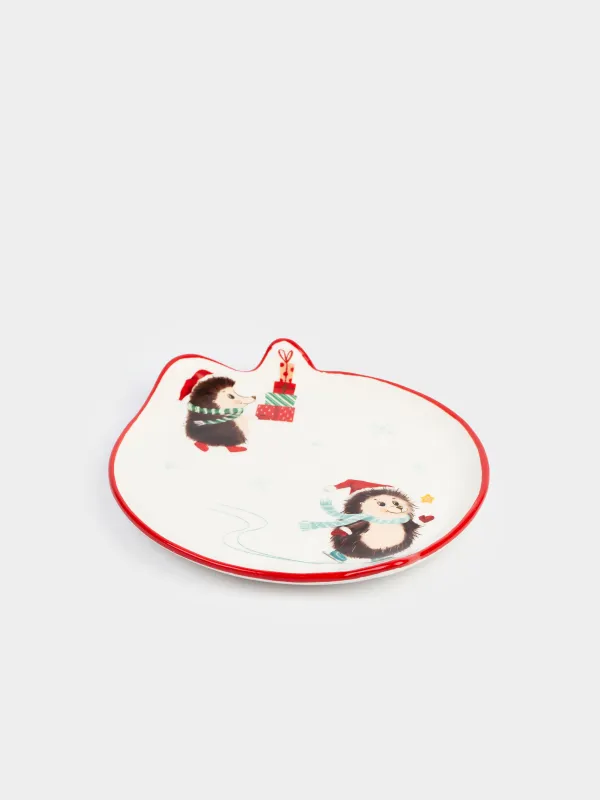 Тіскебасар тәрелкесі, 21 см, керамика, ақ, Сыйлықтары бар кірпілер, Hedgehog christmas, image-1