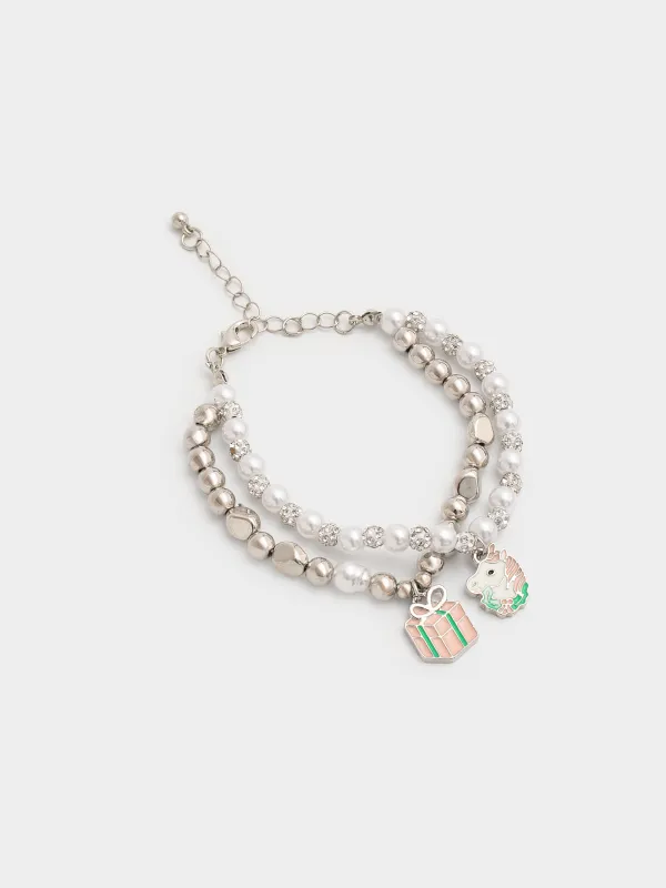 Набор браслетов, 16 см, 2 шт, детский, металл/пластик, серебристый, Бусины, Pearl, image-3