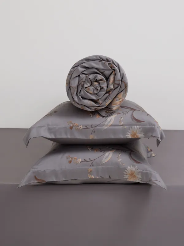 Төсек-орын жабдықтарының жиынтығы, еуро, tencel 300 ТС, сұр, Гүлдер мен жапырақтар, Tencel, image-6