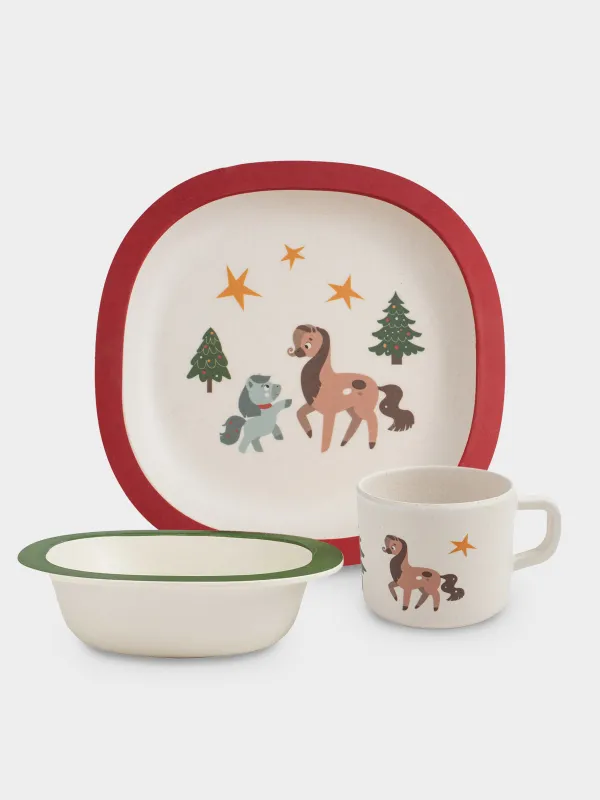 Ыдыс-аяқ жинағы, балаларға арналған, 3 дана, бамбук, қызыл-жасыл, Шыршасы бар жылқылар, Little horse, image-0