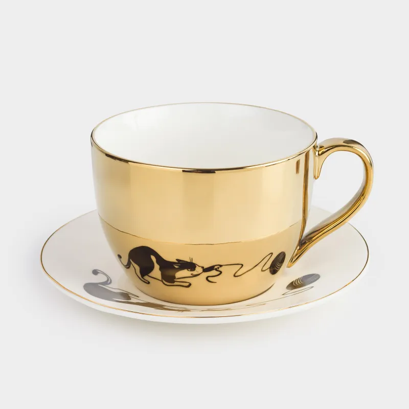 Таңғы асқа арналған шай жұбы, 1 адам, 2 зат, 500 мл, фарфор Р, алтын ақ, Мысық, Cat