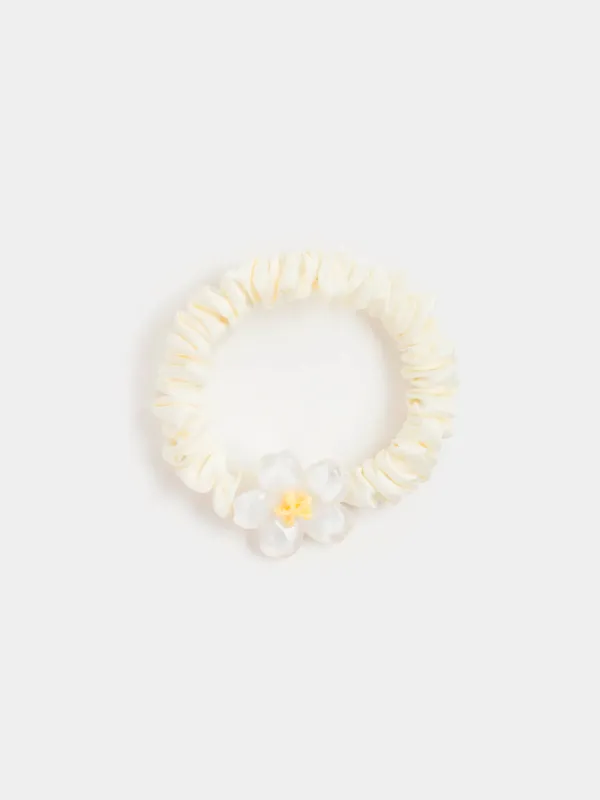 Резинка для волос, 8 см, сатин/пластик, молочная, Цветок, Silk, image-0