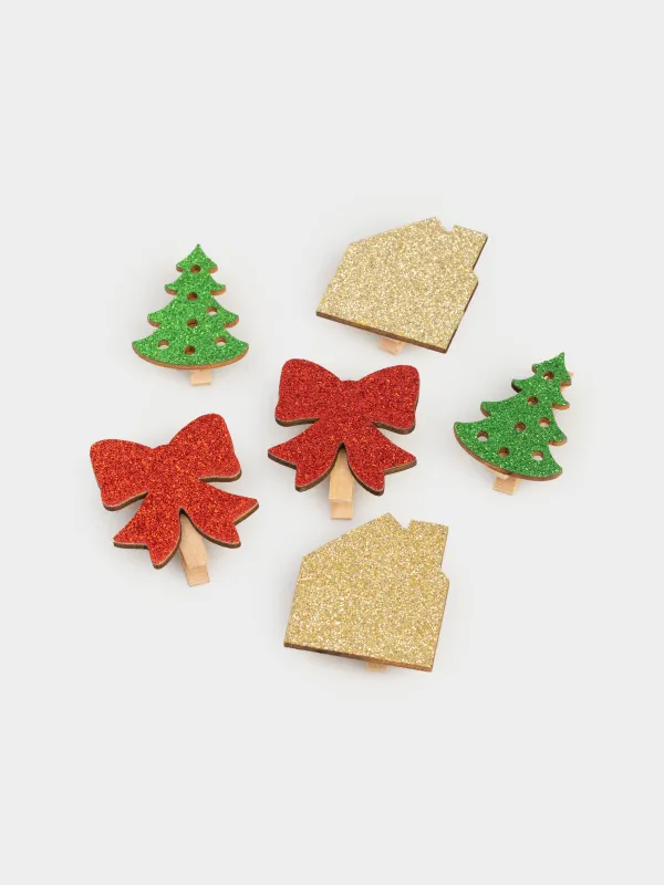 Сәндік қыстырғыш, 5 см, 6 дана, ағаш, жылтырақтары бар, Мерекелік атрибуттар, Figure wood, image-1