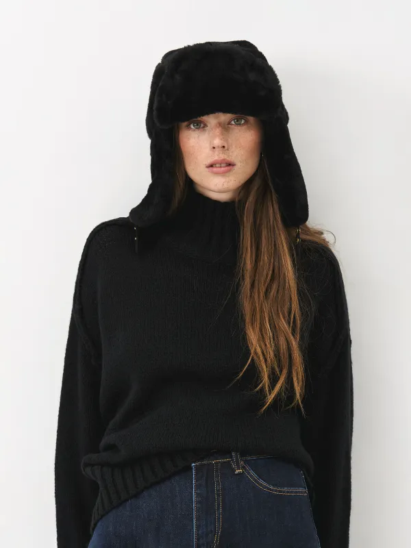 Әйелдер құлақшын-бас киімі, бірыңғай өлшем, жасанды үлбір, қара, Furry, image-0