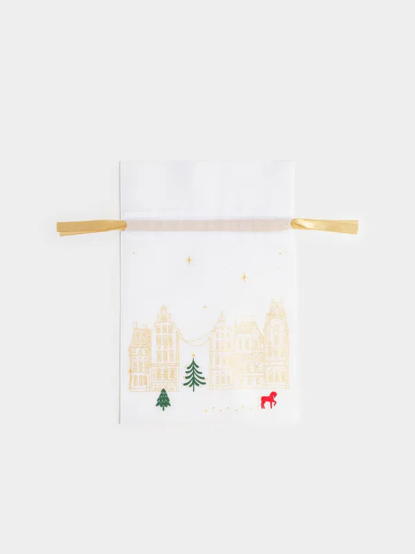 Сыйлық пакеті, 20х30 см, жіптері бар, полипропилен, ақ, Үйлер мен жылқы, Snow sparks, image-0