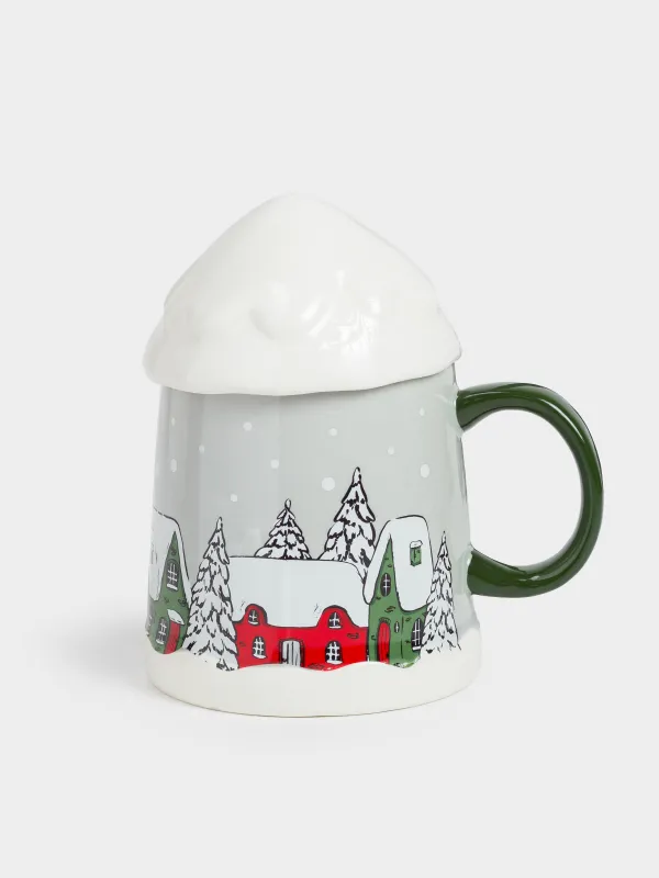 Кружка, 350 мл, с крышкой, фарфор N, серо-зеленая, Дома в снежном лесу, Forest house, image-0