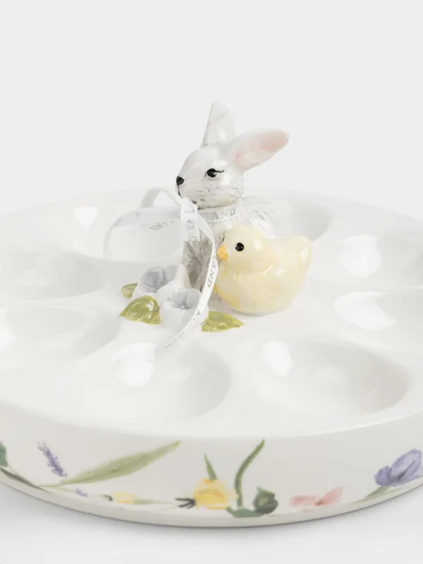 Пасха ыдысы, 19х8 см, 8 бөлім, керамика, сүт түстес, Гүлдер арасындағы қоян мен балапан, Easter, image-1