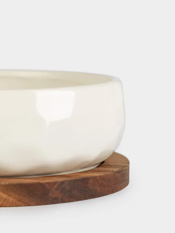 Салат ыдысы, 18х6 см, 890 мл, стендте, керамика/ағаш, сүт түстес, Мыжылған әсер, Crumple kitchen, image-3