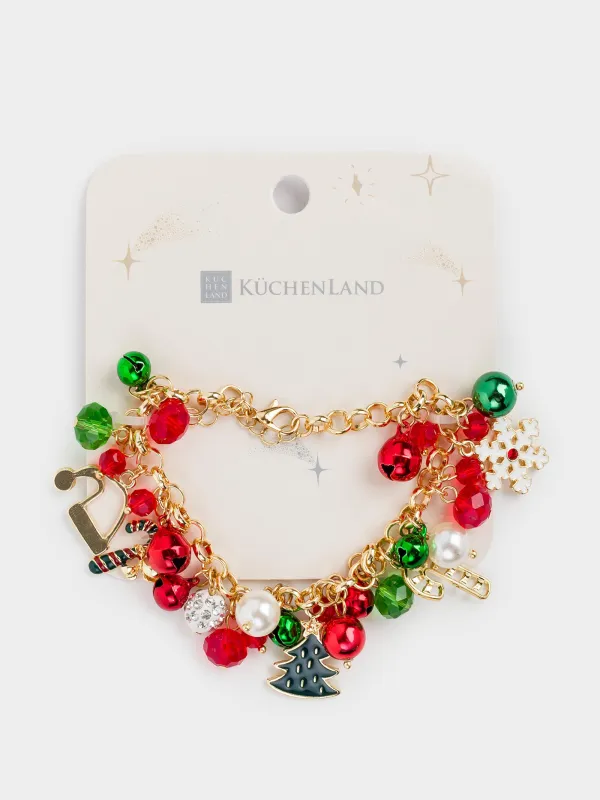 Білезік, 11 см, салпыншақтармен, металл, алтын, қызыл және жасыл моншақтар, Jewelry christmas, image-3