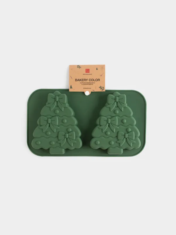 Форма для выпечки кексов, 27х15 см, 2 отд, силикон, зеленая, Елки с бантами, Bakery color, image-4