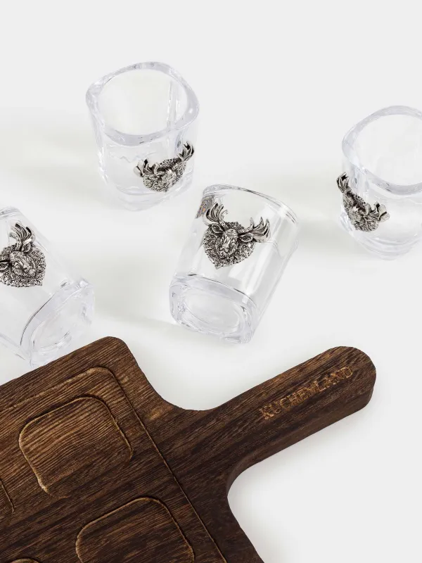 Стопка для водки, 60 мл, 4 шт, на подставке, стекло/металл/дерево, Лось, Lux elements decor, image-3