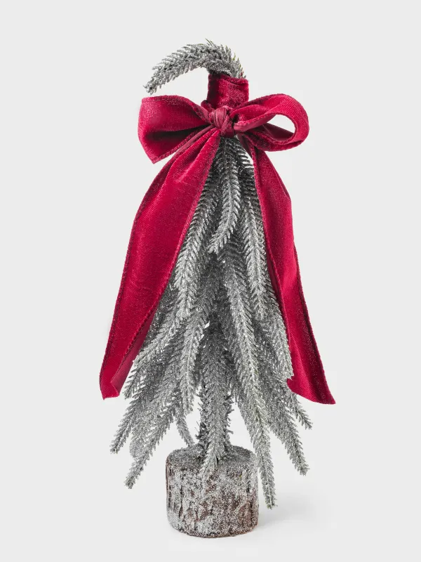 Жасанды шырша, 30 см, полиэтилен/ағаш, күміс, қою қызыл банты бар шырша, Conifer curved, image-0