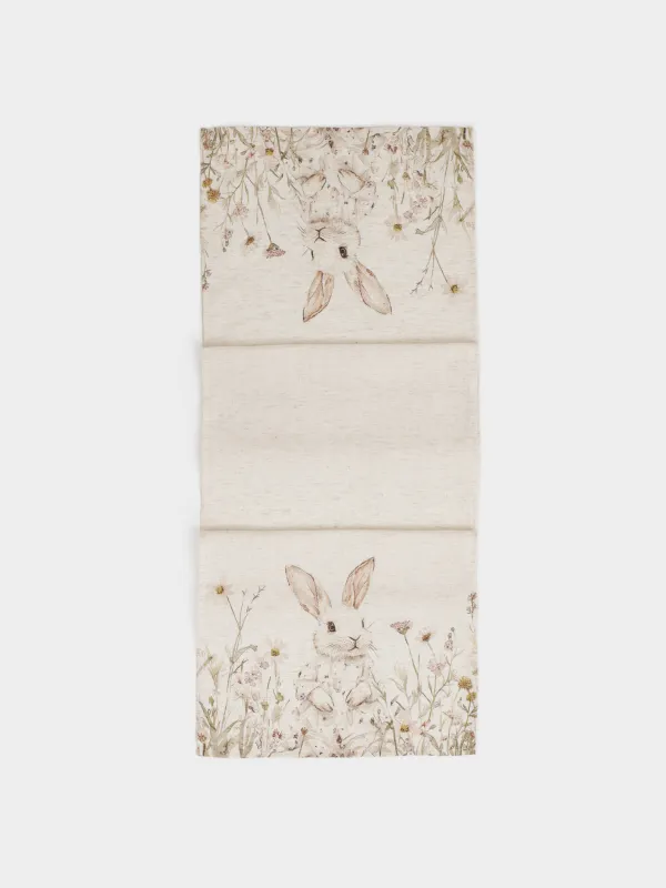 Үстел төсеніші, 40х160 см, полиэстер/зығыр, сарғылт-қоңыр, Гүлдер арасындағы қоян, Bunny in flowers, image-0