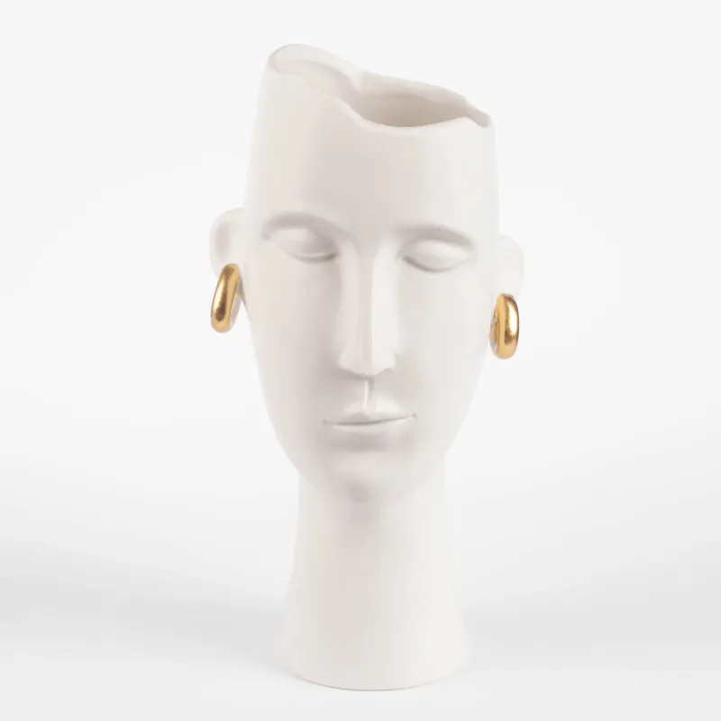 Гүл вазасы, 34 см, сәндік, керамика, ақ, Алтын сырға таққан қыз, Face, image-0