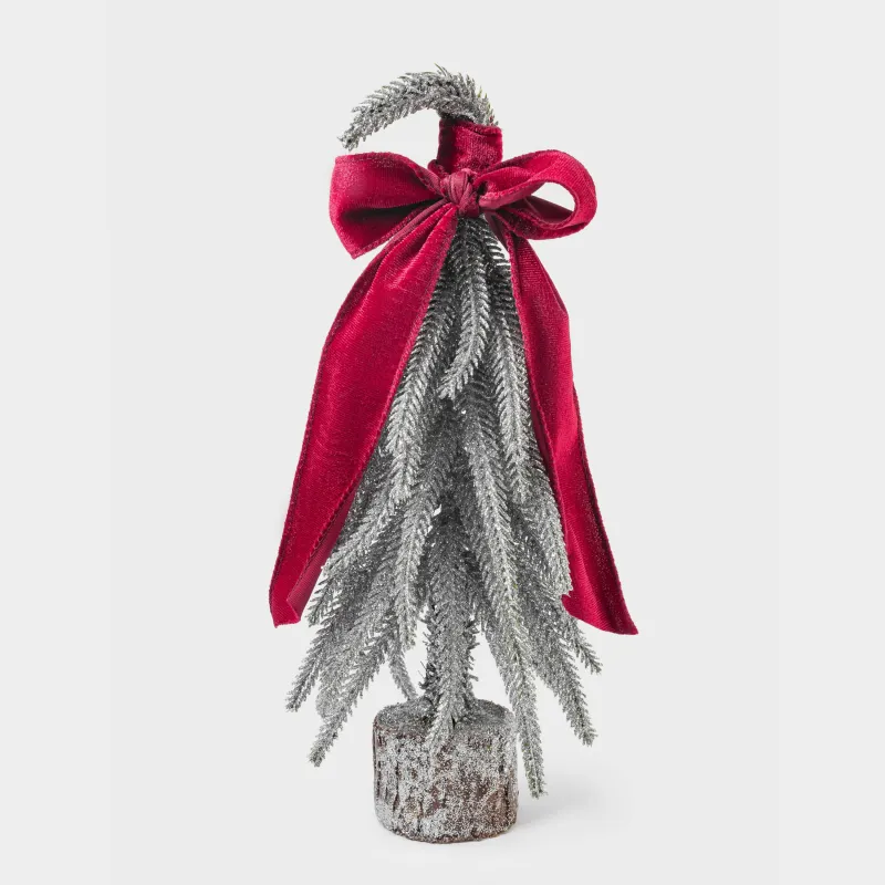 Жасанды шырша, 30 см, полиэтилен/ағаш, күміс, қою қызыл банты бар шырша, Conifer curved