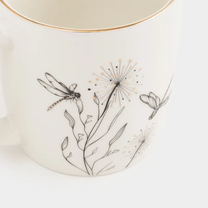 Кружка, 380 мл, фарфор N, белая, с золотистым кантом, Стрекозы и одуванчики, Dragonfly, image-5