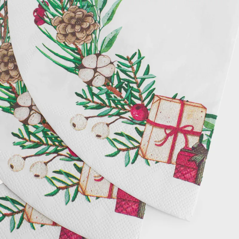 Салфетки бумажные, 33х33 см, 20 шт, круглые, белые, Шишки и ягоды на ветке, Christmas green, image-5