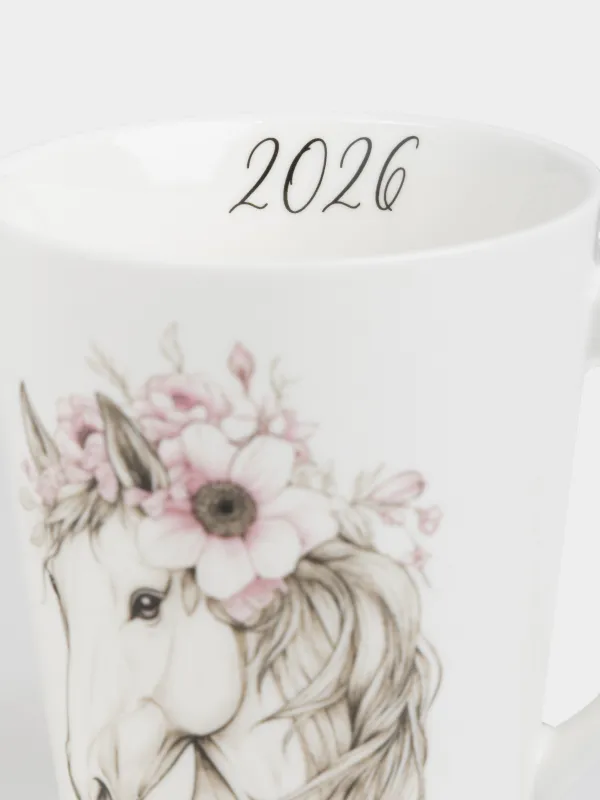 Кружка, 420 мл, фарфор N, белая, Лошадь в венке, Horse in flowers, image-1