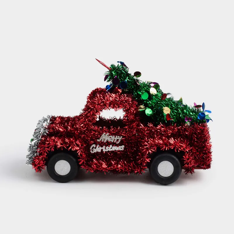 Мүсінше, 27 см, шырша жылтырағы/пластик, қызыл, Шыршасы бар көлік, Tinsel decor