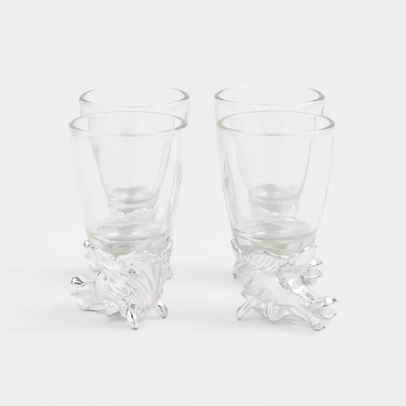 Араққа арналған десте, 50 мл, 4 дана, былғары қорапта, шыны/металл, Жылқылар, Bar