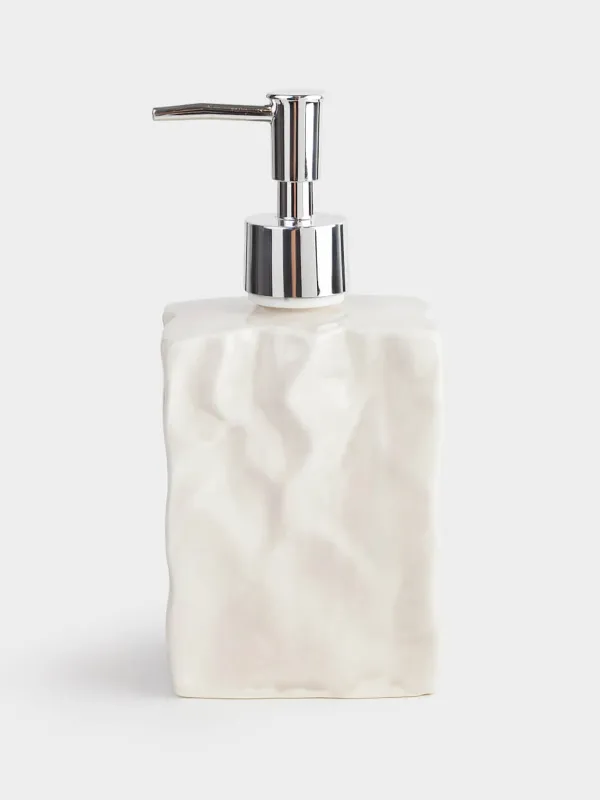Диспенсер для жидкого мыла, 370 мл, фарфор P/пластик, серо-бежевый, Мятый эффект, Crumple bath, image-0