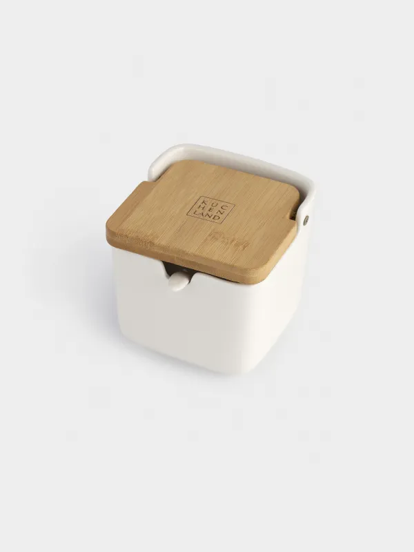 Банка для сыпучих продуктов, 250 мл, с ложкой, фарфор P/бамбук, белая, Keep, image-2