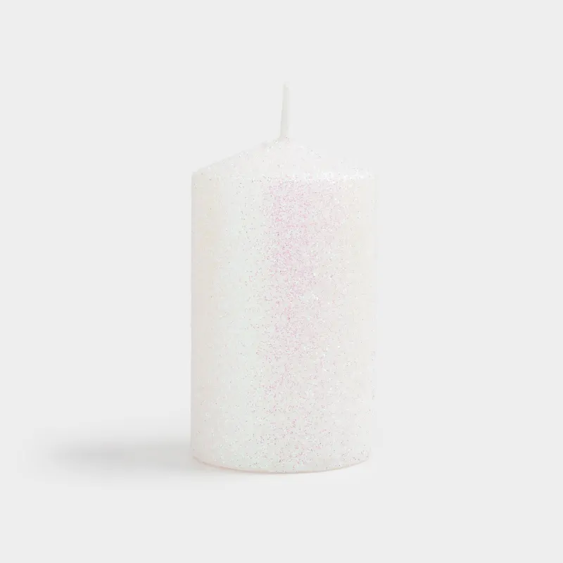 Шам, 8 см, цилиндрлік, жылтырақтары бар, ақ, Sparkly candle, image-0