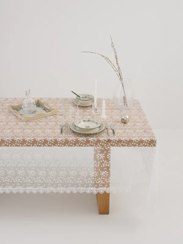 Скатерть, 170х250 см, с кружевом, полиэстер, белая, Ажурные цветы, Lace flowers, image-0