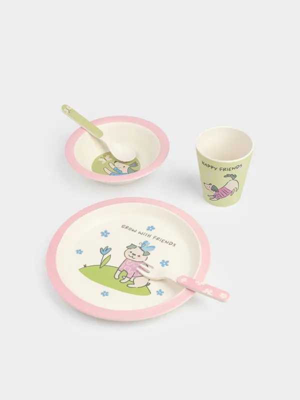 Ыдыс-аяқ жинағы, балаларға арналған, 1 адам, 5 зат, бамбук, қызғылт-жасыл, Иттер, Pretty friends, image-2