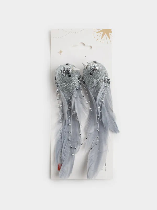 Украшение декоративное, 15 см, 2 шт, на клипсе, пенопласт/перо, серебристое, Птица, Birds NY, image-5