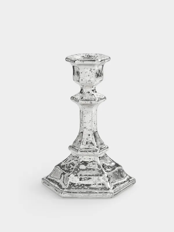 Шам ұстағыш, 14 см, жіңішке шамға арналған, аяқты, шыны, күміс, Patina, image-0