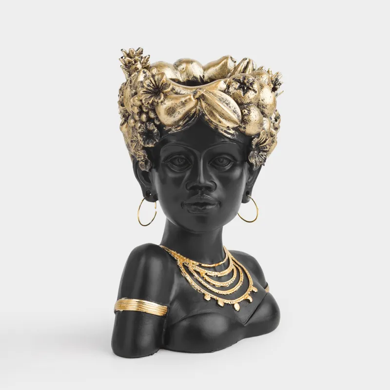 Ваза декоративная, 19 см, полирезин, черно-золотистая, Девушка с фруктами, Ethnic girls
