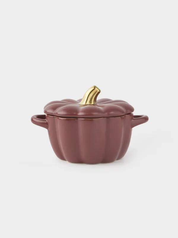 Кокотница, 11 см, 340 мл, с крышкой, керамика, бордово-золотистая, Тыква, Gourd, image-0