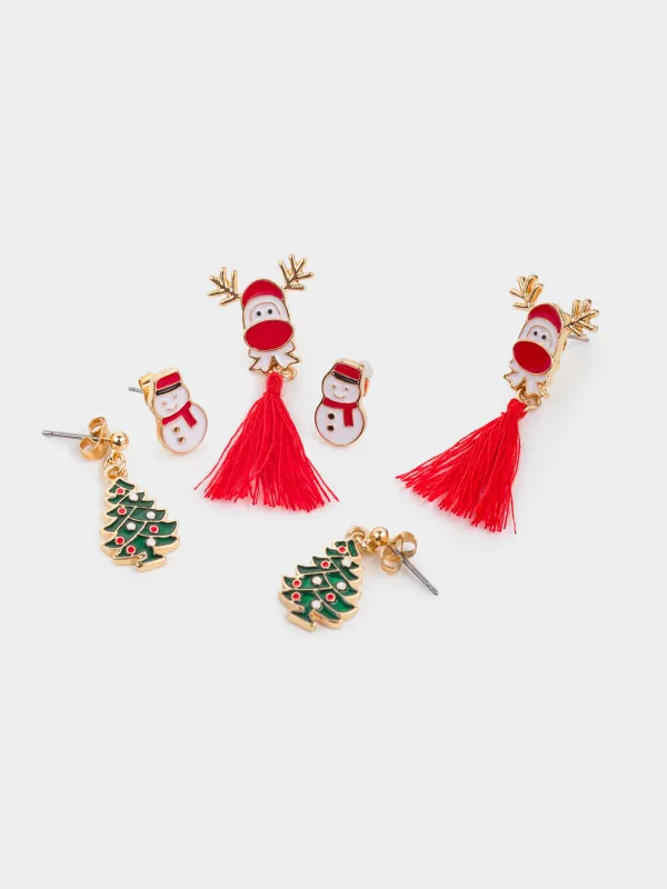 Пуссет сырғалары, 1/2/4 см, 6 дана, металл, алтын, Аққала/Шырша/Бұғы, Jewelry christmas, image-0