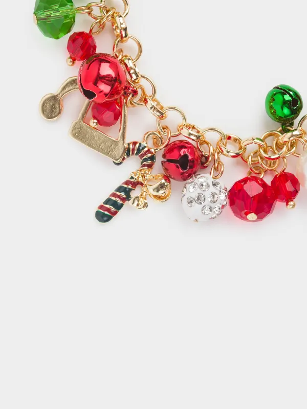 Білезік, 11 см, салпыншақтармен, металл, алтын, қызыл және жасыл моншақтар, Jewelry christmas, image-4