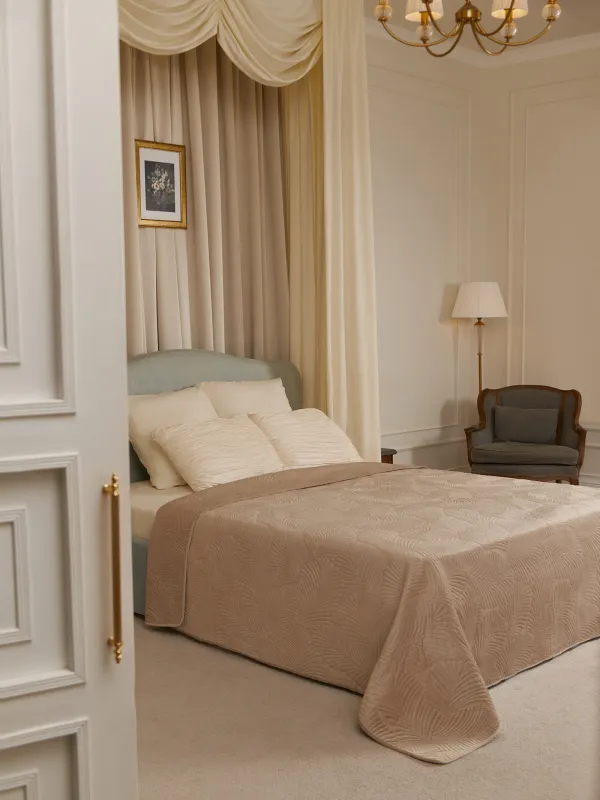 Төсек жапқыш, 220х240 см, төсеніш, полиэстер, бежевый / сұр, Пальма жапырағы, Ститч барқыт, image-4