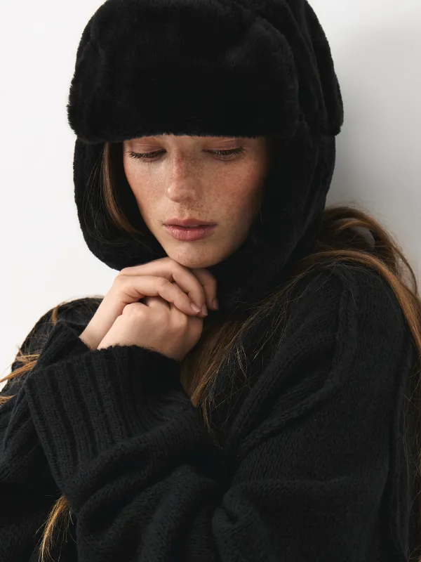 Әйелдер құлақшын-бас киімі, бірыңғай өлшем, жасанды үлбір, қара, Furry, image-3