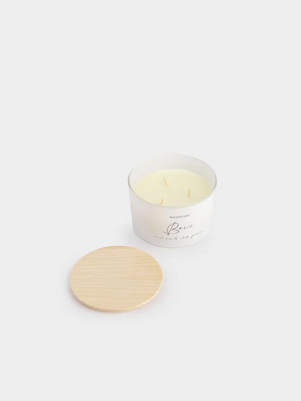 Хош иісті шам, 13 см, үш фитиль, шам ұстағышта, қақпағы бар, шыны, тәтті бұршақ және Ақ Жасмин, негізгі, image-3