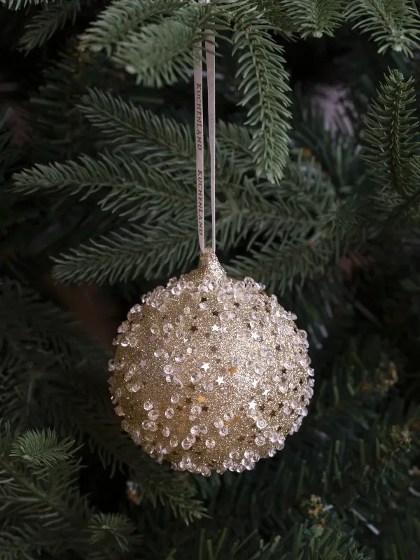 Игрушка елочная, 8 см, стекло, с блестками, шампань, Шар со звездами, Ball sparkle, image-1