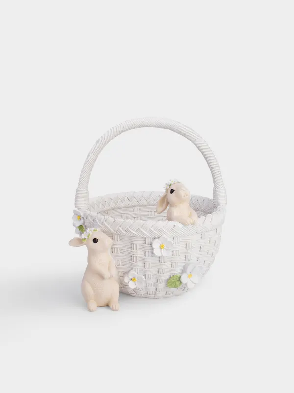 Кәмпит ыдысы, 21х24 см, тұтқасы бар, полирезин, ақ, Гүлдері бар себеттегі қояндар, Easter, image-0