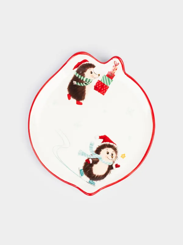 Тіскебасар тәрелкесі, 21 см, керамика, ақ, Сыйлықтары бар кірпілер, Hedgehog christmas, image-0