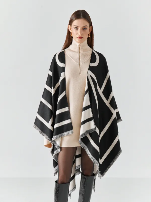 Пончо, 130х160 см, шашағы бар, екі жақты, вискоза/полиэстер, сүт түстес қара, Poncho, image-1