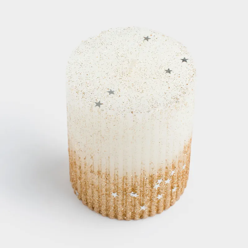 Шам, 8 см, цилиндрлік, жылтырақтары бар, сүт-алтын түстес, Ribbed candle, image-2