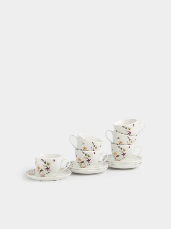 Шай жұбы, 6 адам, 12 зат, 220 мл, фарфор N, ақ, Сары гүлдер, Floweri, image-0