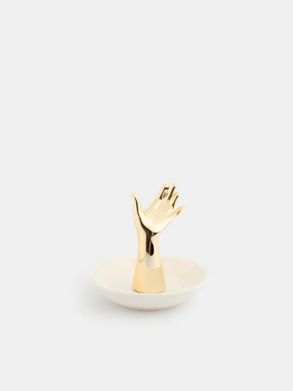 Зергерлік бұйымдар ұстағышы, 10 см, керамика, ақ және алтын, Қол, Hand, image-0